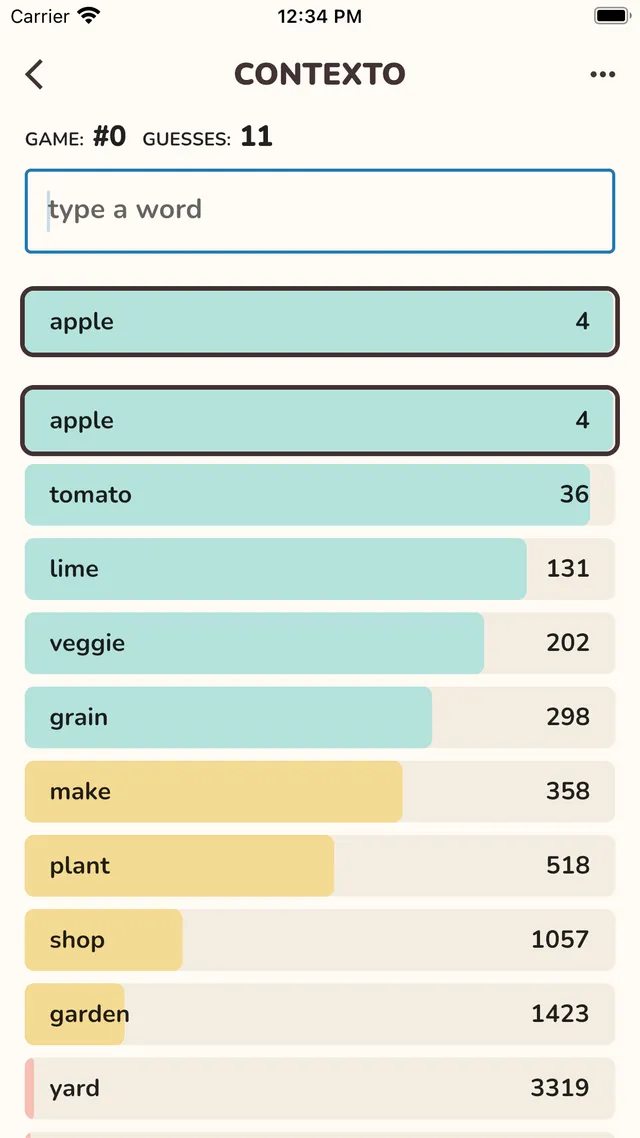A Contexto game with guesses like apple, tomato and lime ranked by closeness