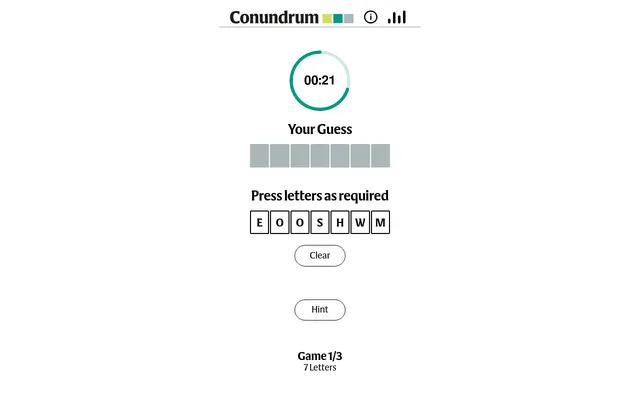 Conundrum round 1 of 3: a ring timer at 21 seconds above an empty seven-tile guess row and seven scrambled letter tiles, with Clear and Hint buttons