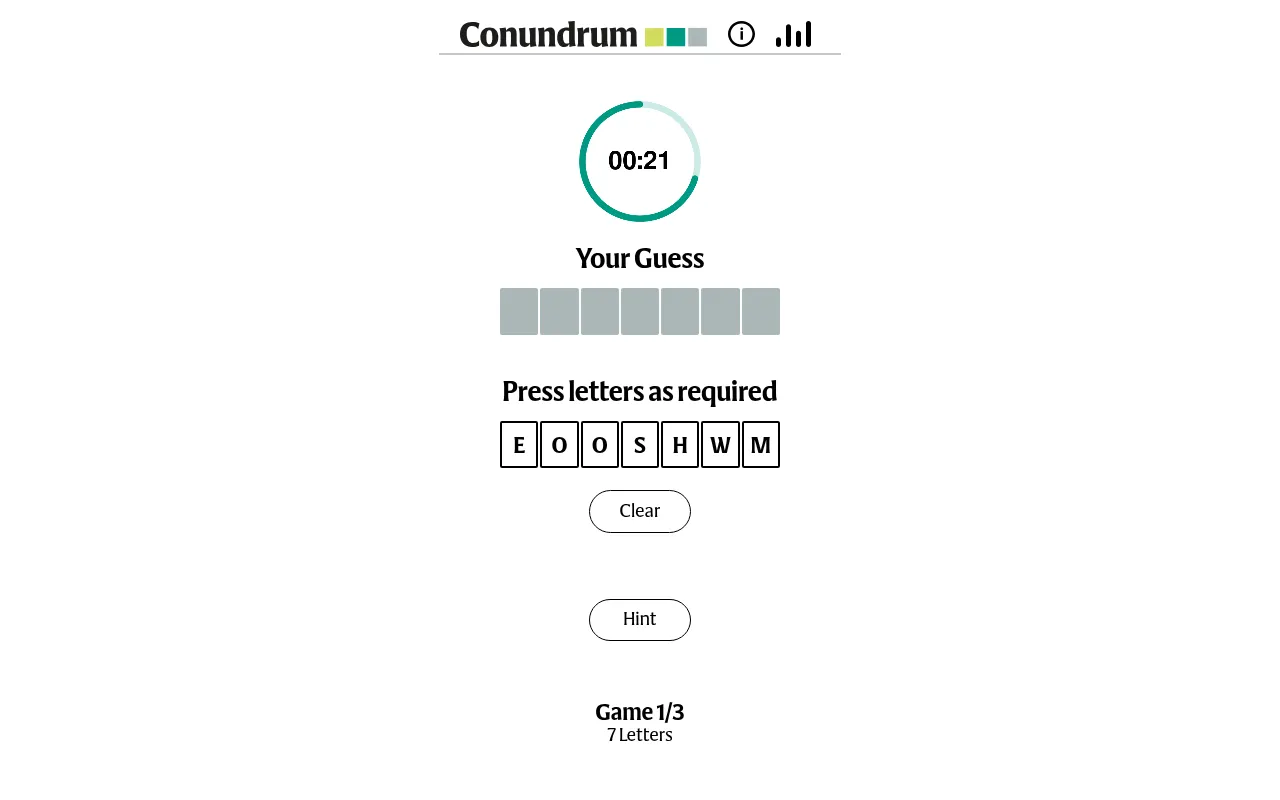 Conundrum round 1 of 3: a ring timer at 21 seconds above an empty seven-tile guess row and seven scrambled letter tiles, with Clear and Hint buttons