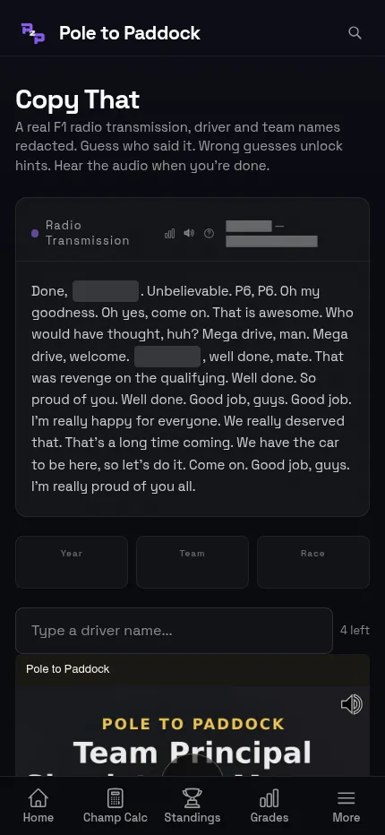 Copy That at phone size: the day's redacted radio transcript, the three hint boxes and the driver name box with 4 guesses left