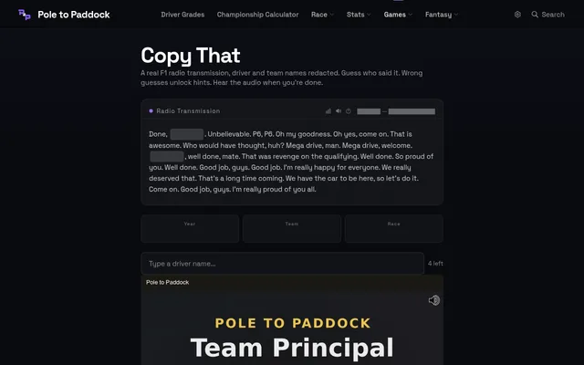 Copy That's board on 21 October 2026: a redacted F1 team radio transcript, empty Year, Team and Race hint boxes and a driver name box with 4 guesses left