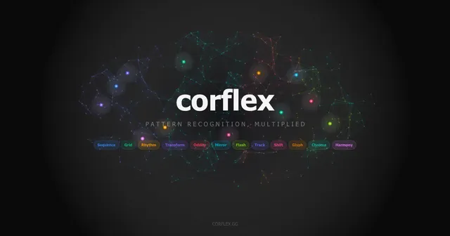 The Corflex wordmark over a network of coloured nodes, with labels for modes such as Sequence, Grid, Rhythm and Chroma