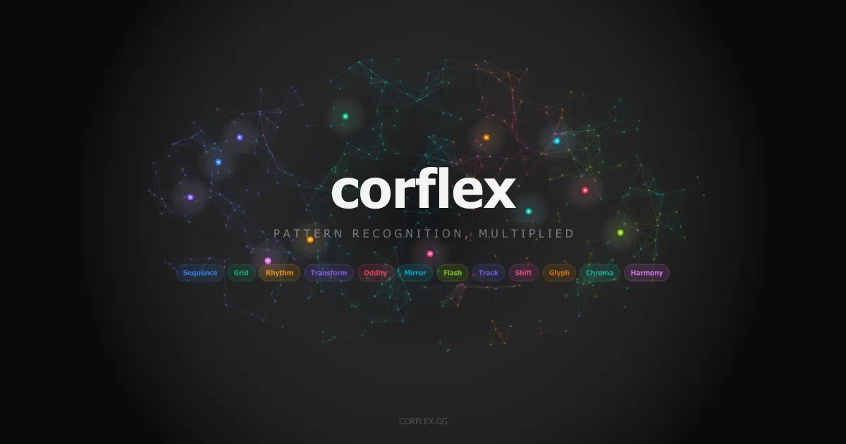 The Corflex wordmark over a network of coloured nodes, with labels for modes such as Sequence, Grid, Rhythm and Chroma