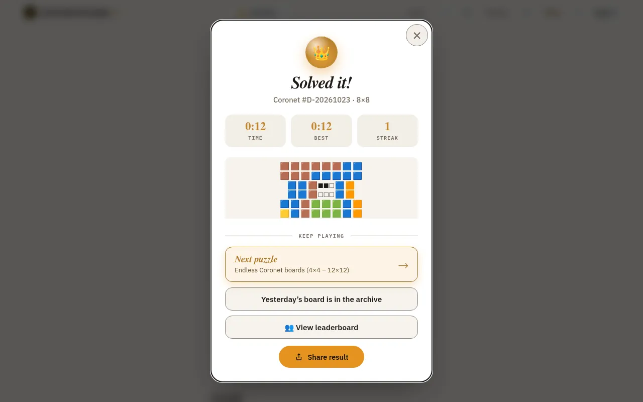 Coronet's Solved it card for board #D-20261023, 8x8: time, best and streak, a coloured share grid, and links to endless boards, the archive and the leaderboard