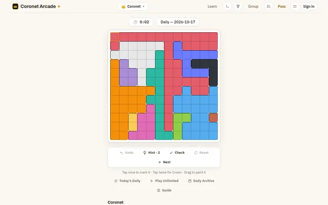 Coronet Arcade's Coronet daily for 2026-10-17: a 12 by 12 board of coloured regions waiting for crowns, with Hint, Check and Undo below