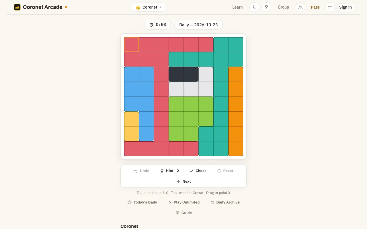 Coronet Arcade's Coronet daily for 2026-10-23: an 8 by 8 board of eight colour regions waiting for crowns, with Undo, Hint, Check, Reset and Next below