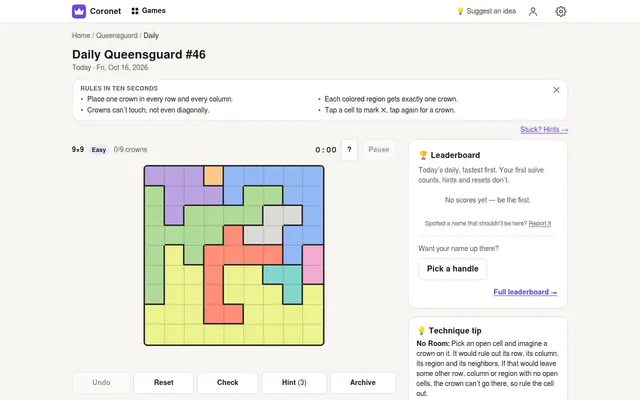 Coronet's Daily Queensguard #46 for Fri, Oct 16, 2026: an empty 9x9 board of colour regions marked Easy, with the rules box, the day's leaderboard and Undo, Reset, Check, Hint and Archive buttons