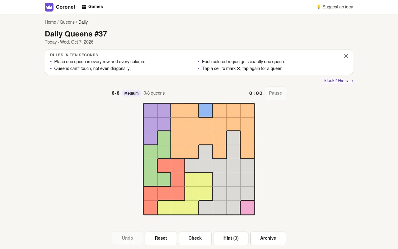 Coronet's Daily Queens #37 for Wed, Oct 7, 2026: an empty 8x8 board of coloured regions, marked Medium, with Undo, Reset, Check, Hint and Archive buttons