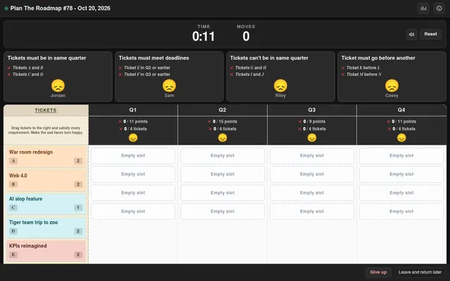 Plan The Roadmap #78 for Oct 20, 2026: four stakeholders' ticket rules above columns Q1 to Q4 with point targets and empty slots, and tickets such as War room redesign and Web 4.0