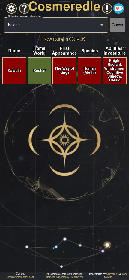Cosmeredle at phone size: the character picker and Guess button above one guess row for Kaladin, with Roshar matched in green