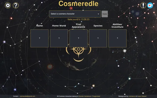 Cosmeredle board: a Select a cosmere character menu and Guess button, a countdown to the new round, and empty tiles for name, home world, first appearance, species and abilities