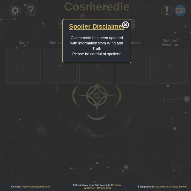 Cosmeredle board with columns for name, home world, first appearance, species and abilities, behind a spoiler notice about Wind and Truth