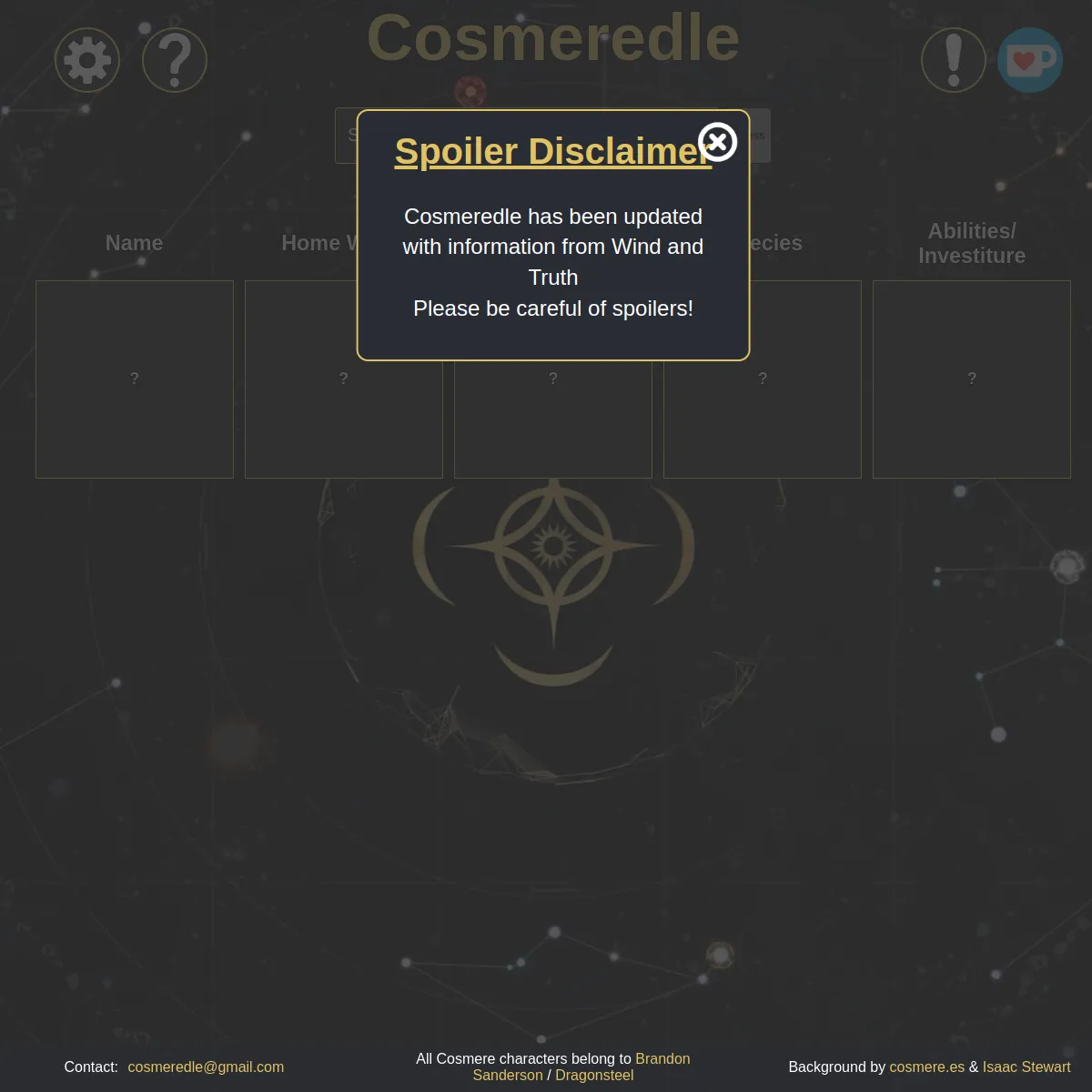 Cosmeredle board with columns for name, home world, first appearance, species and abilities, behind a spoiler notice about Wind and Truth
