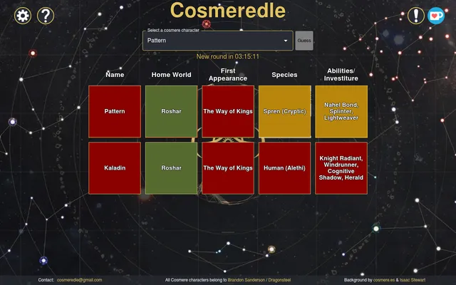 Today's Cosmeredle board on desktop: guesses Pattern and Kaladin in rows, Roshar green, species and abilities orange for Pattern, red cells elsewhere, countdown to the new round