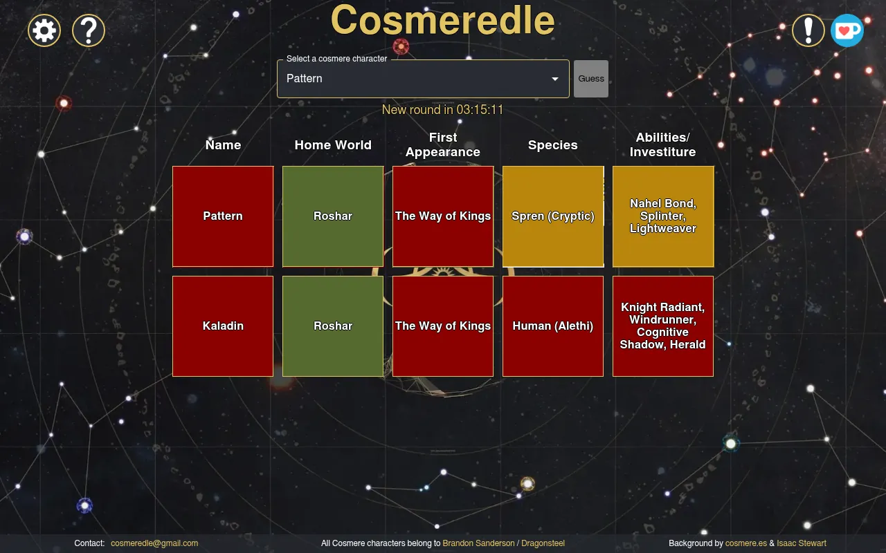 Today's Cosmeredle board on desktop: guesses Pattern and Kaladin in rows, Roshar green, species and abilities orange for Pattern, red cells elsewhere, countdown to the new round