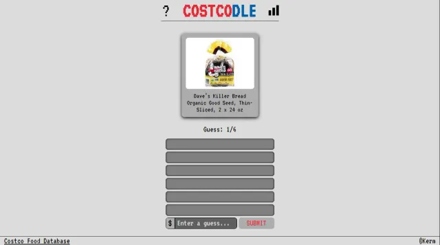 A Costcodle game showing a loaf of Dave's Killer Bread, six empty guess rows and a price box
