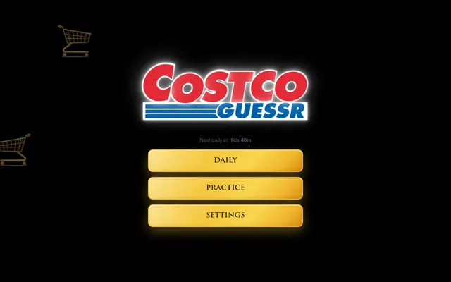 The CostcoGuessr start screen: the game's red and blue CostcoGuessr logo, a countdown to the next daily, and Daily, Practice and Settings buttons