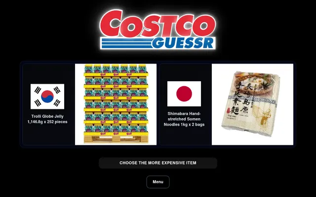 Round one of the CostcoGuessr daily for 18 October 2026: a pallet of Trolli Globe Jelly from Costco Korea against Shimabara somen noodles from Costco Japan