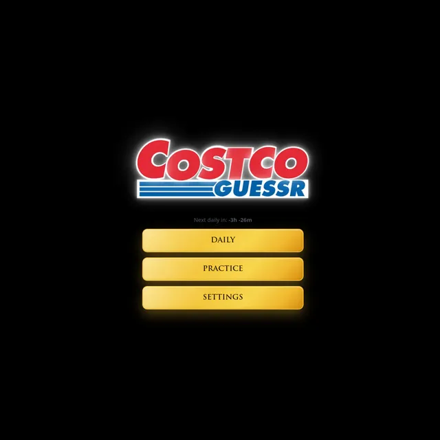 CostcoGuessr menu with the logo and Daily, Practice and Settings buttons