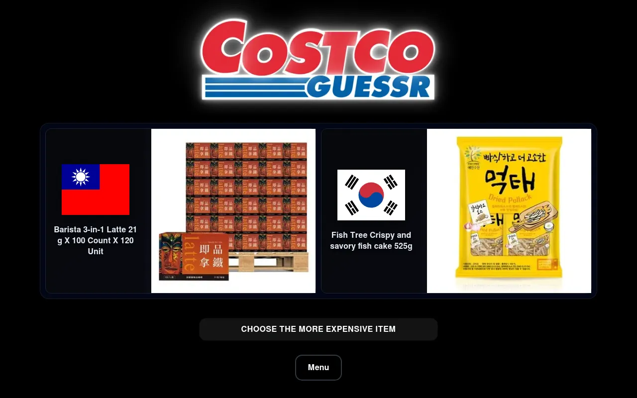 A CostcoGuessr daily round: a pallet of Barista 3-in-1 Latte from Costco Taiwan against Fish Tree dried pollack from Costco Korea, with Choose the more expensive item