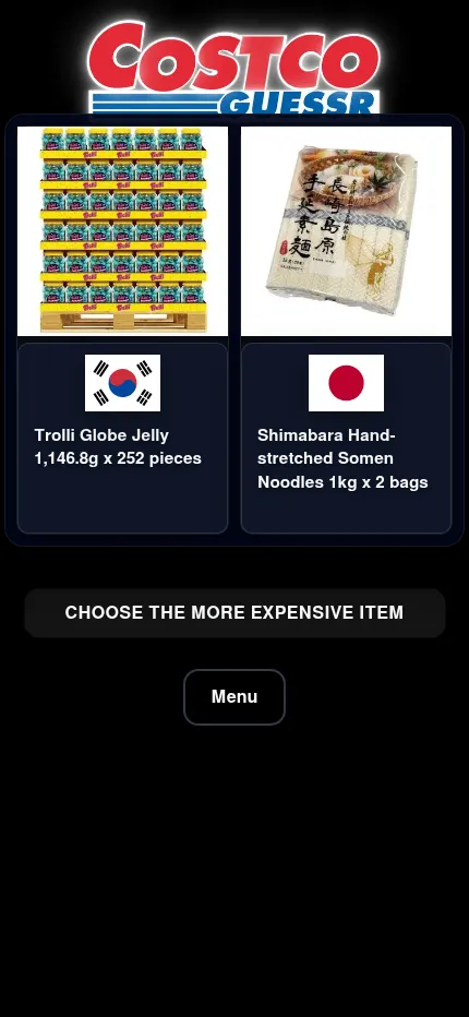 CostcoGuessr on a phone: the two products of a daily round stacked as cards with their flags and names