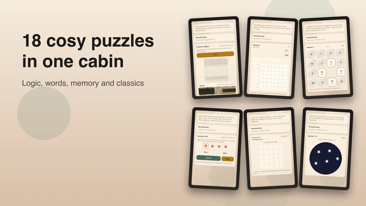 Cosy Puzzle Cabin store screenshot of six boards: postcard jigsaw, picross, sliding tiles, codebreaker, Fleet Finder and Constellation