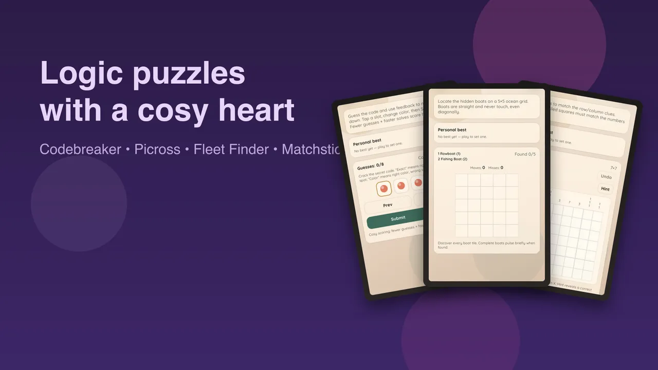 Promotional screenshot reading Logic puzzles with a cosy heart, with codebreaker, picross and Fleet Finder puzzles on tablet screens