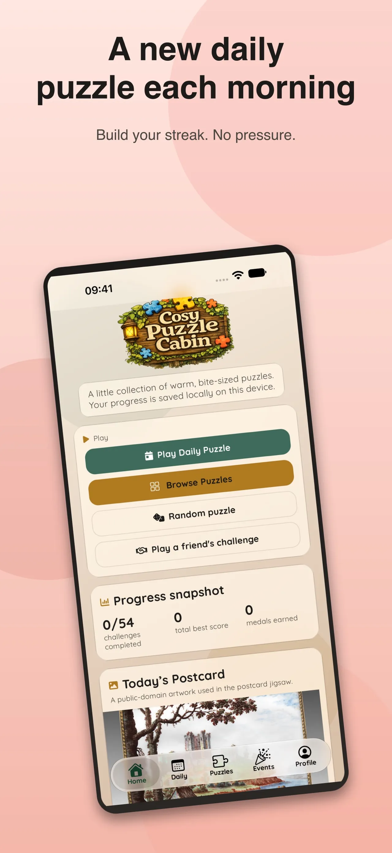 Cosy Puzzle Cabin App Store screenshot of the home screen with Play Daily Puzzle and Today's Postcard, captioned A new daily puzzle each morning
