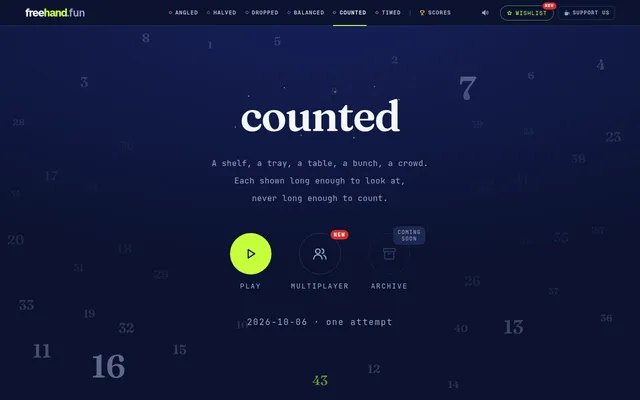 The Counted start screen on Freehand: the word counted over scattered numbers, with Play, Multiplayer and Archive buttons and the date with one attempt