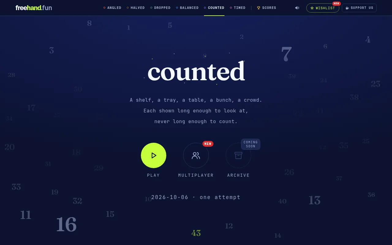 The Counted start screen on Freehand: the word counted over scattered numbers, with Play, Multiplayer and Archive buttons and the date with one attempt