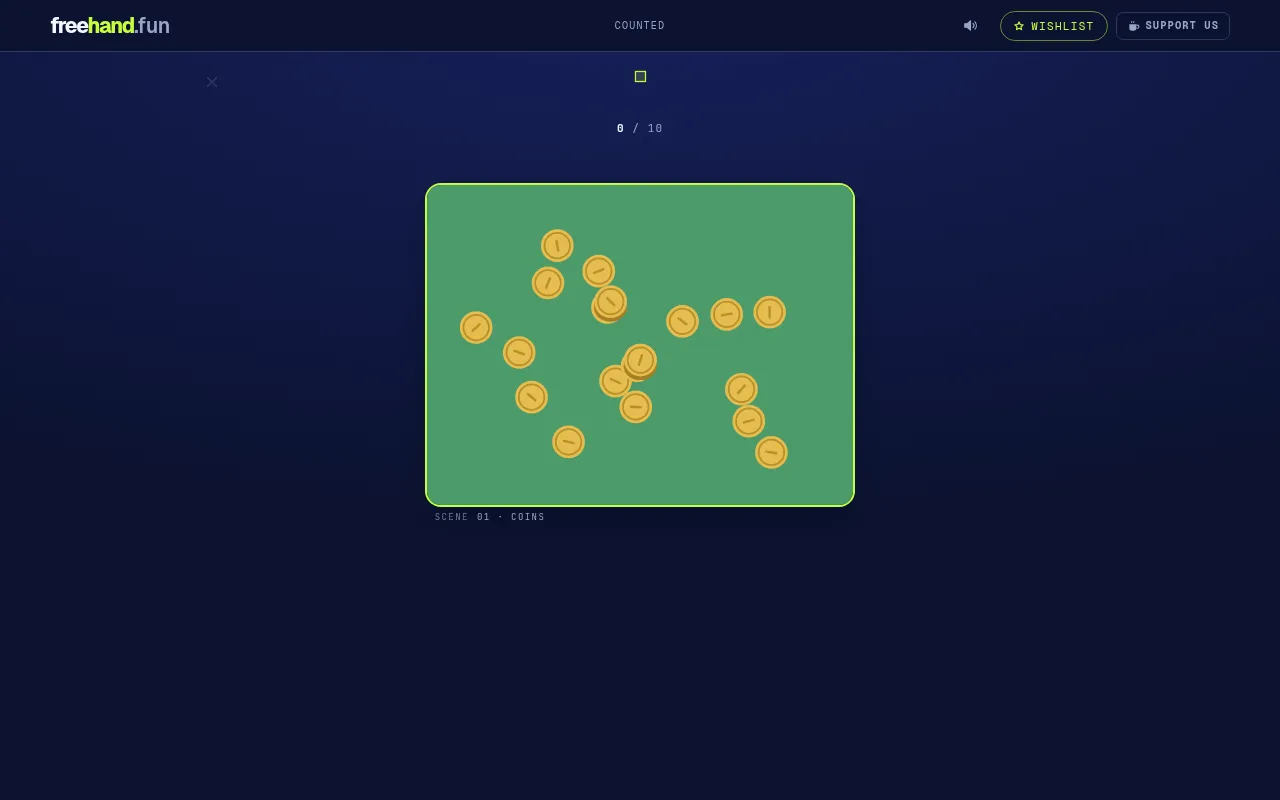 Counted scene 1 of 10, Coins: a brief flash of gold coins scattered and stacked on a green panel, to be counted before it disappears