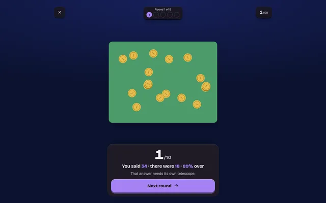 A Counted round result: the scene of 18 gold coins on a green panel shown again, with the score 1 of 10 for a guess of 34