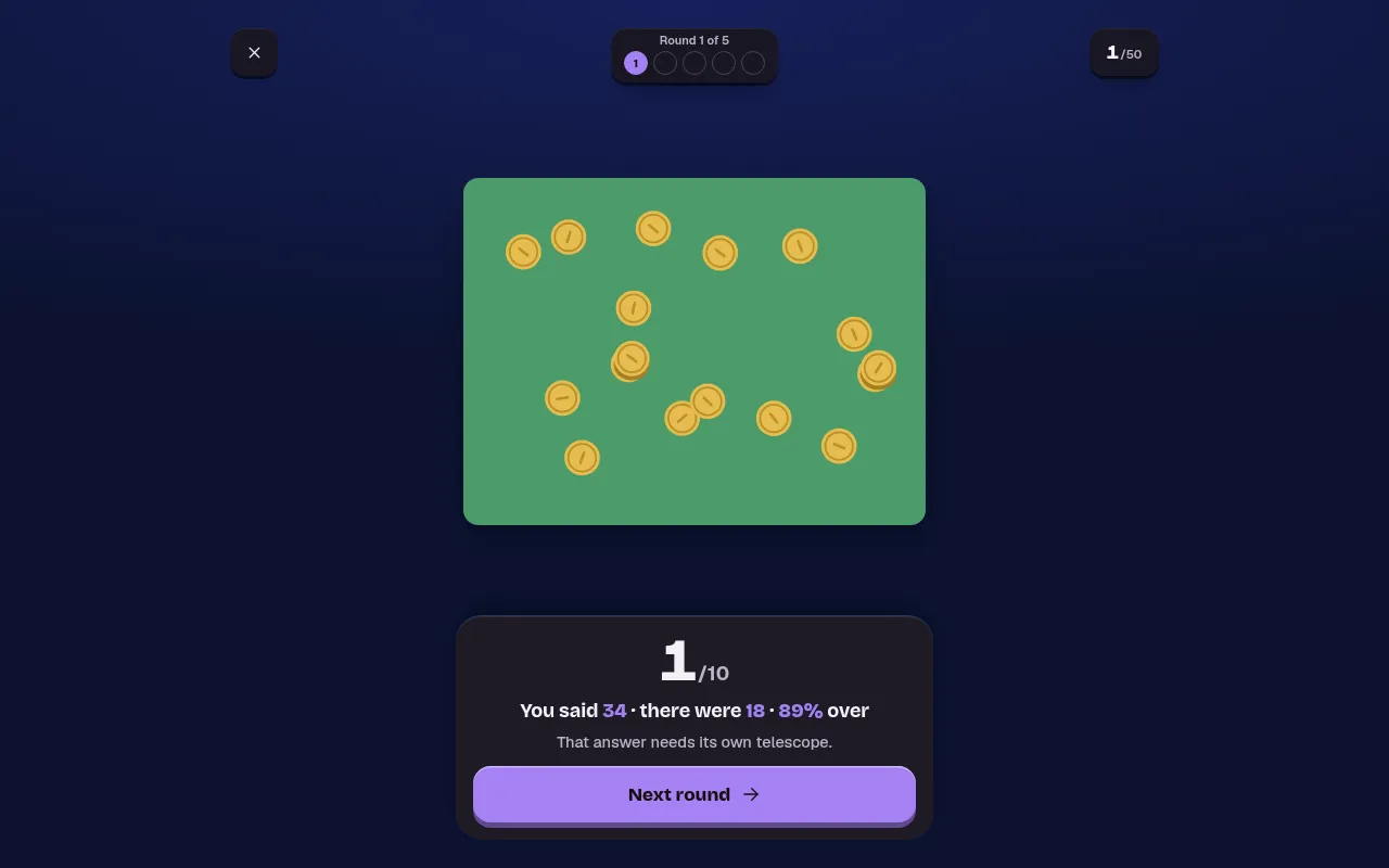 A Counted round result: the scene of 18 gold coins on a green panel shown again, with the score 1 of 10 for a guess of 34