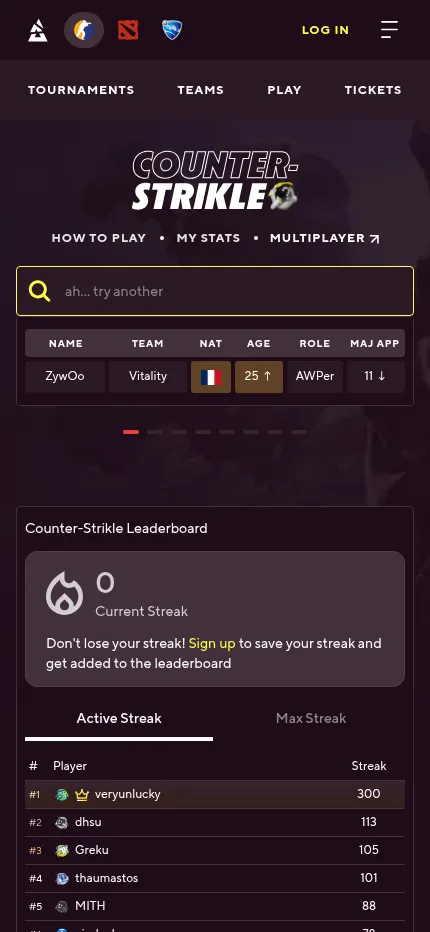 Counter-Strikle on a phone after a guess of ZywOo: Vitality, an orange French flag, age 25 with an up arrow, AWPer and 11 Majors, with the eight-try marks below