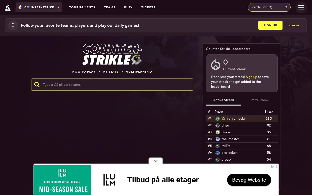 Counter-Strikle daily page on BLAST.tv: the player search box under the game's logo, with the streak leaderboard beside it