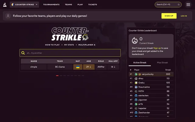 Today's Counter-Strikle board after a guess of s1mple: team BC.Game, an orange Ukrainian flag, age 29 with a down arrow, AWPer and 14 Majors, beside the streak leaderboard