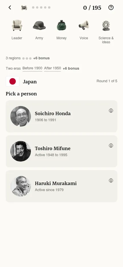Country Draft at phone size: the five cabinet jobs, the region and era trackers, and Japan's three people stacked as cards