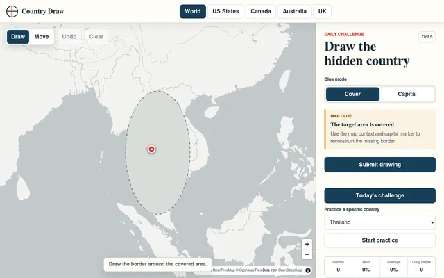 Country Draw daily challenge for Oct 5: a map of Southeast Asia with the hidden country covered by a grey ellipse and a red capital marker, beside the clue mode and Submit drawing panel