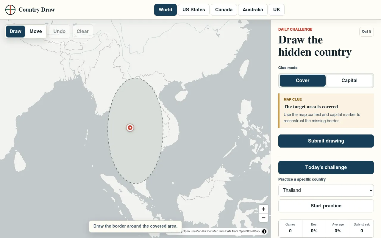 Country Draw daily challenge for Oct 5: a map of Southeast Asia with the hidden country covered by a grey ellipse and a red capital marker, beside the clue mode and Submit drawing panel