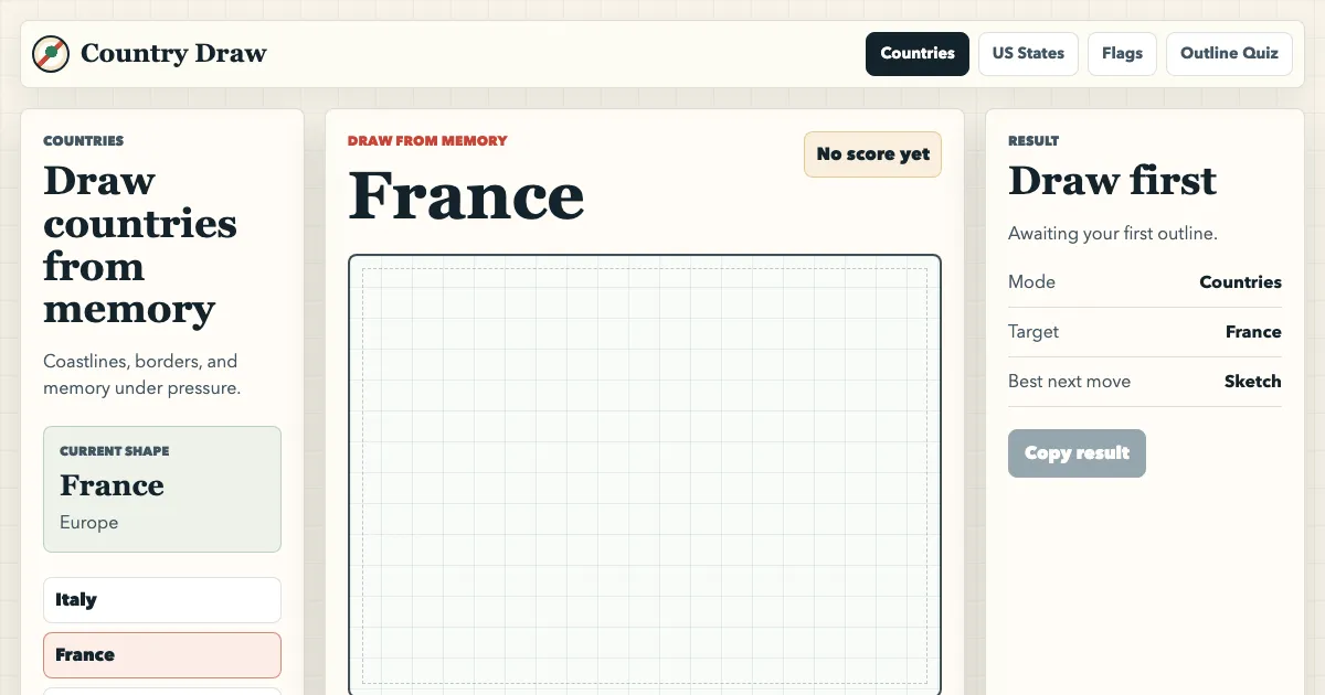 Country Draw share art: a blank drawing grid under 'Draw from memory: France', with the country list and a result panel
