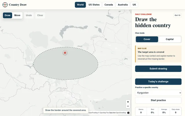 Country Draw daily challenge for Oct 19: a world map of Central Asia with the hidden country under a grey ellipse and its capital in red, beside the Cover and Capital clue modes