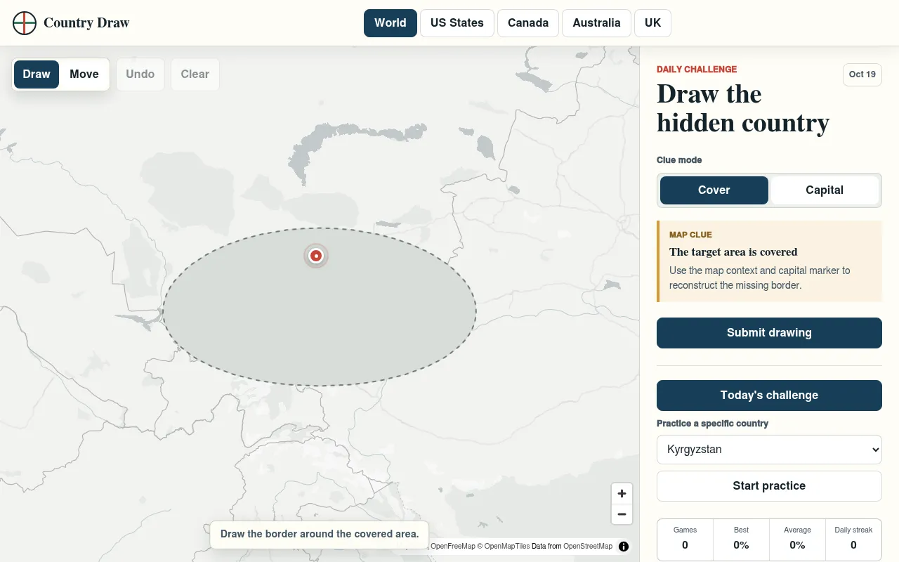 Country Draw daily challenge for Oct 19: a world map of Central Asia with the hidden country under a grey ellipse and its capital in red, beside the Cover and Capital clue modes
