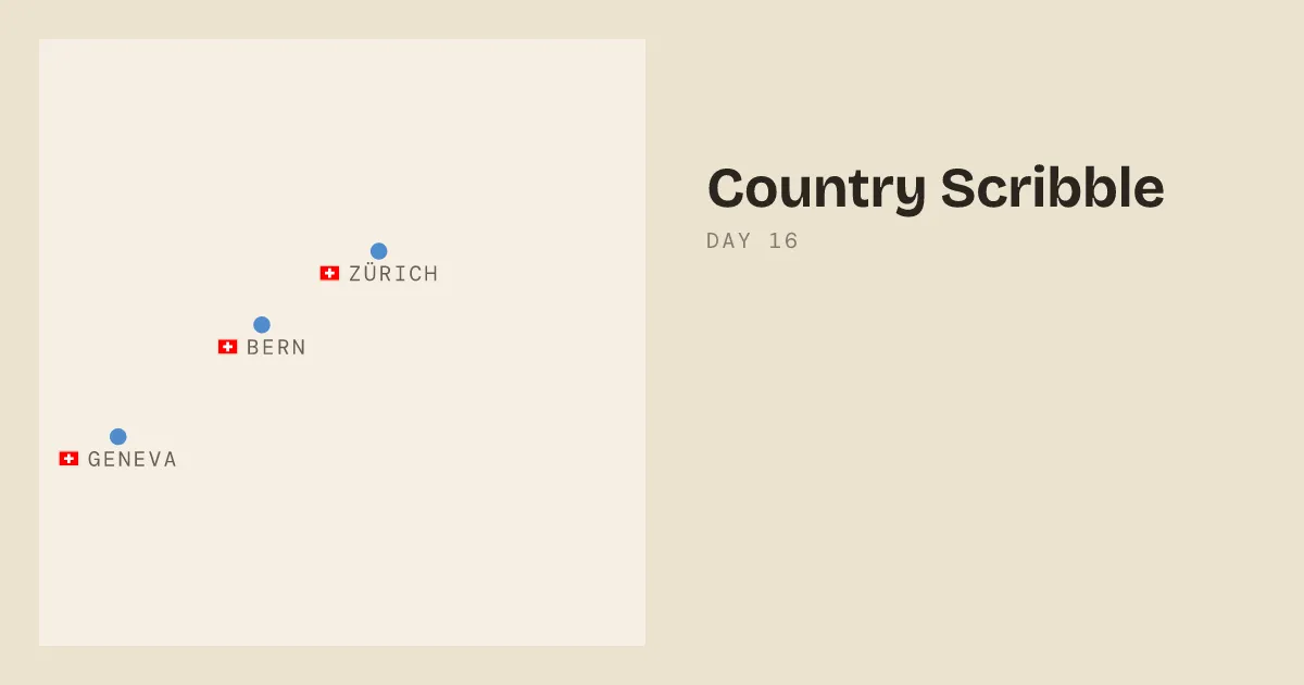 Country Scribble day 16 share image: Zurich, Bern and Geneva marked on a blank board