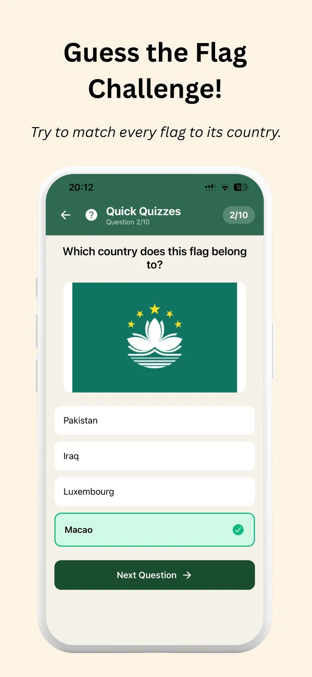 A Country10s question in play (App Store screenshot of its Quick Quizzes mode): 'Which country does this flag belong to?' with Macao's flag and four answers, Macao marked correct