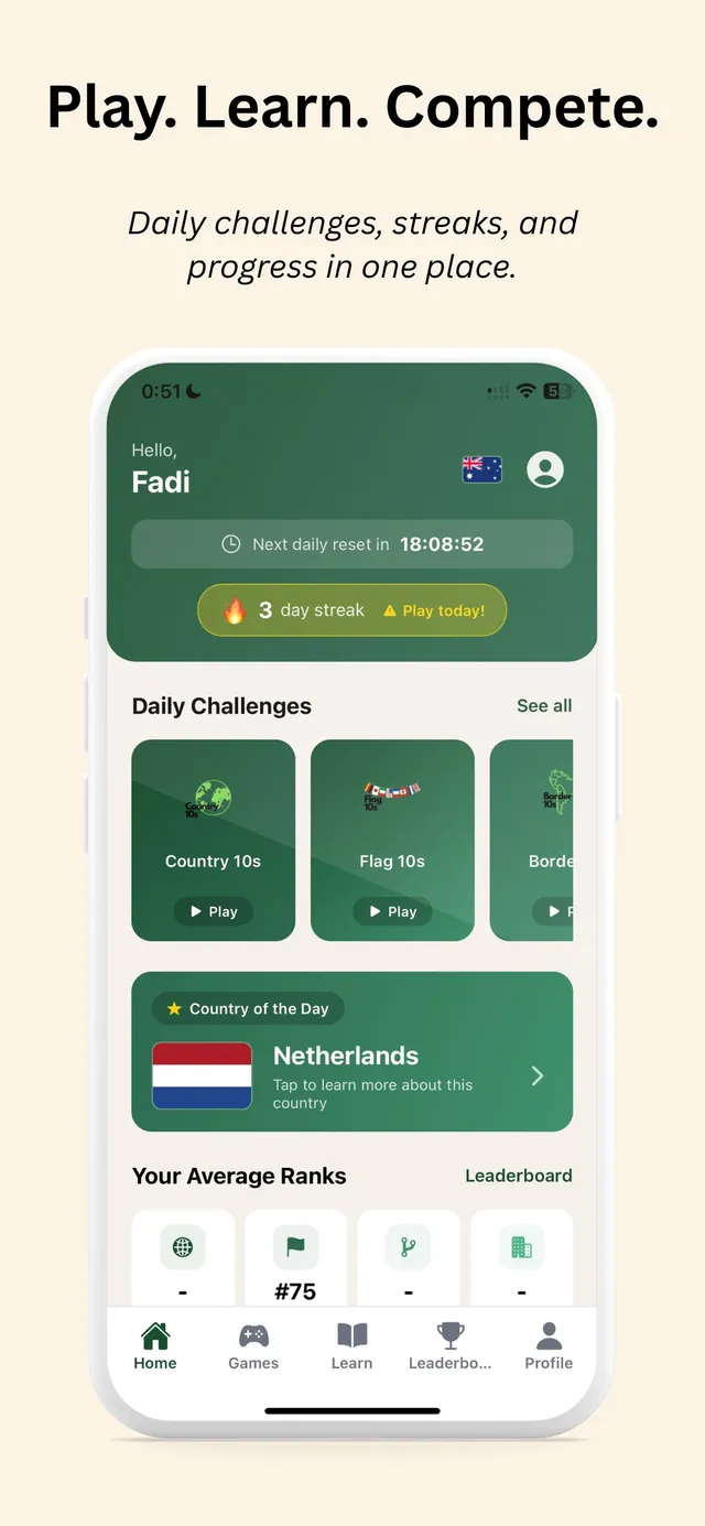 Country10s home screen with a daily reset countdown, streak, Daily Challenges cards and Country of the Day