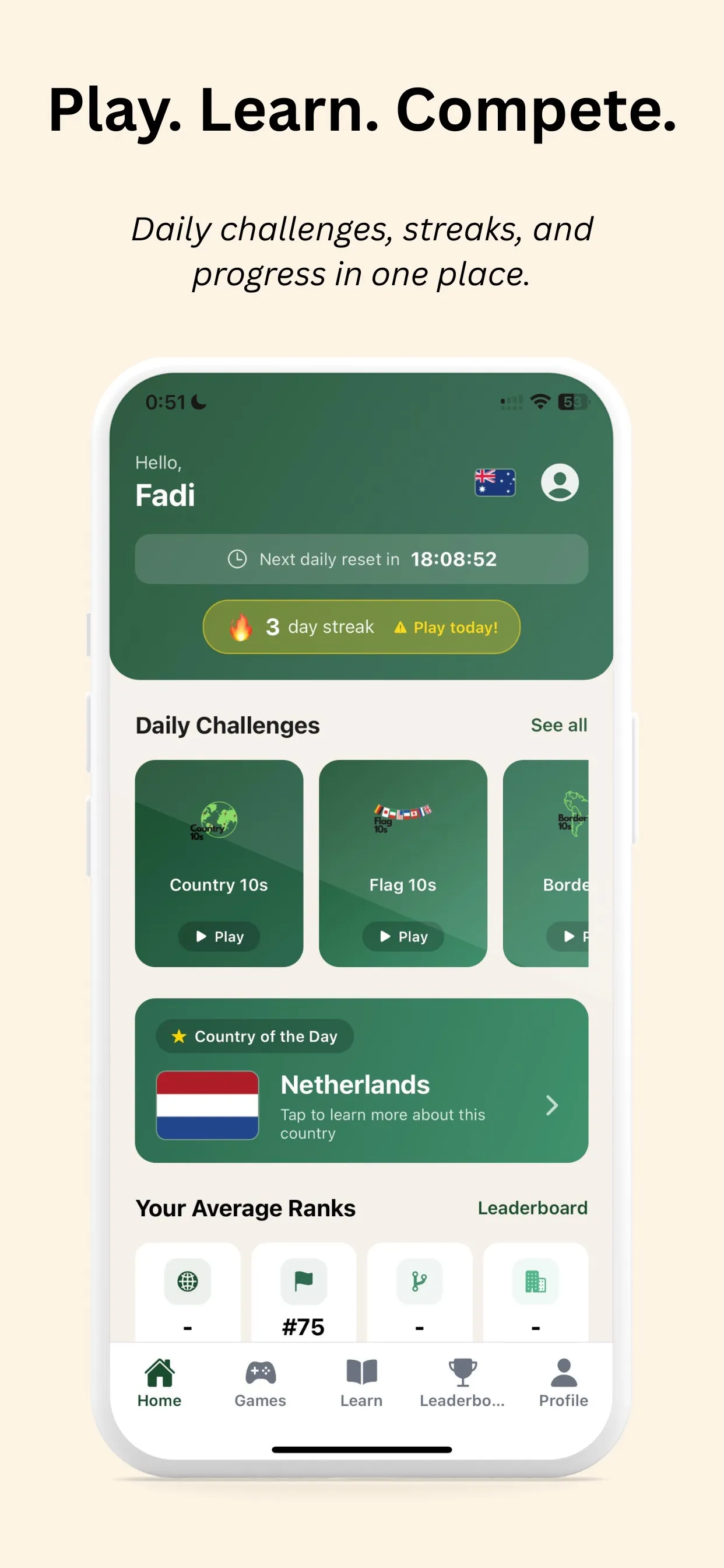 Country10s home screen with a daily reset countdown, streak, Daily Challenges cards and Country of the Day