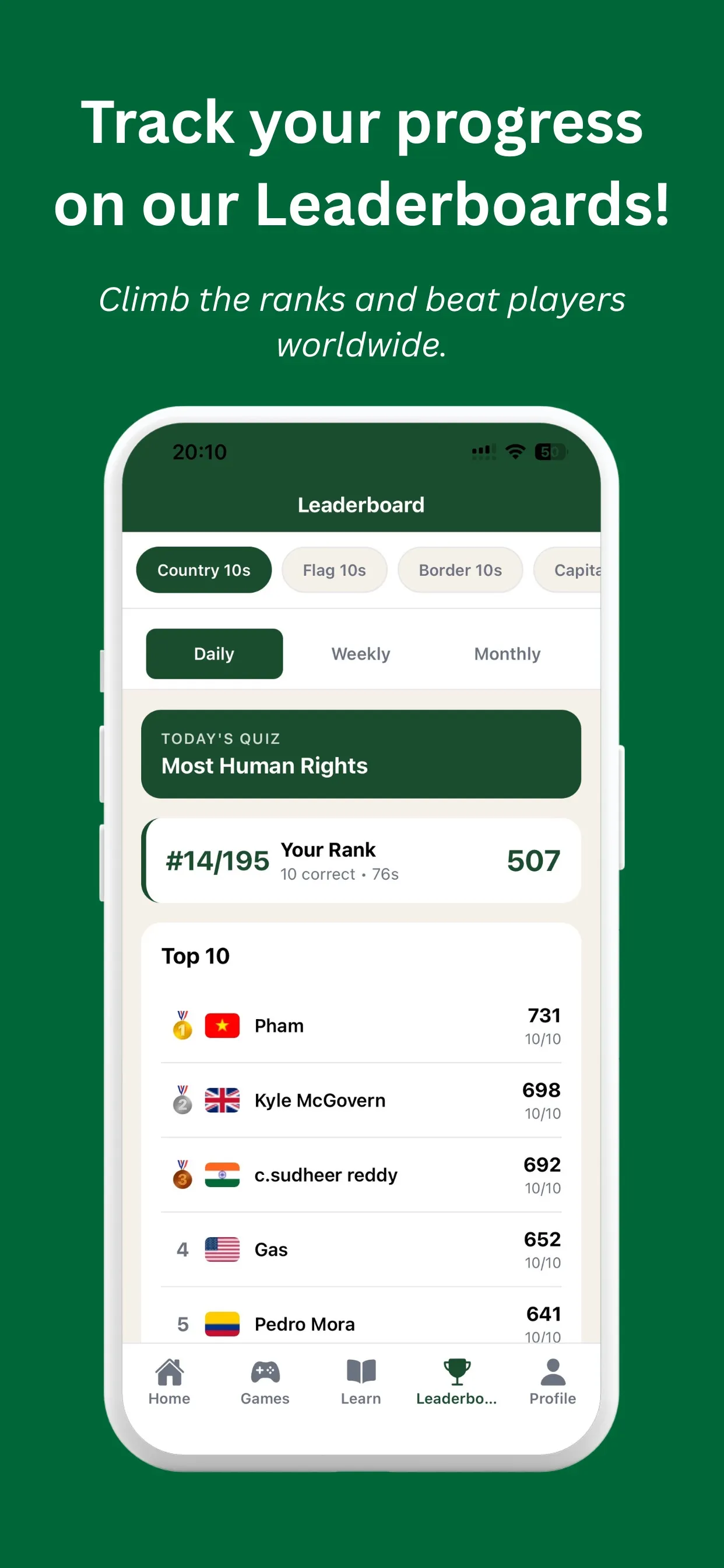 The Country10s daily leaderboard (App Store screenshot): today's quiz, Most Human Rights, with the player ranked 14 of 195 and the day's top ten scores