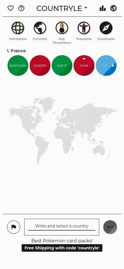 Countryle on a phone with France as the first guess, its row of coloured clue circles and the box to write the next country