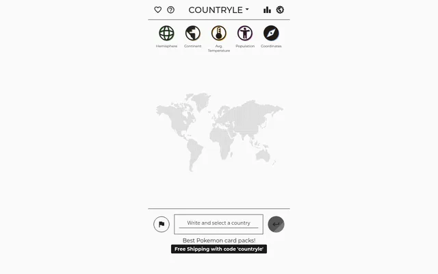 Countryle's play screen ready for the day's first guess: the clue columns Hemisphere, Continent, Avg. Temperature, Population and Coordinates above a dotted world map, and a Write and select a country