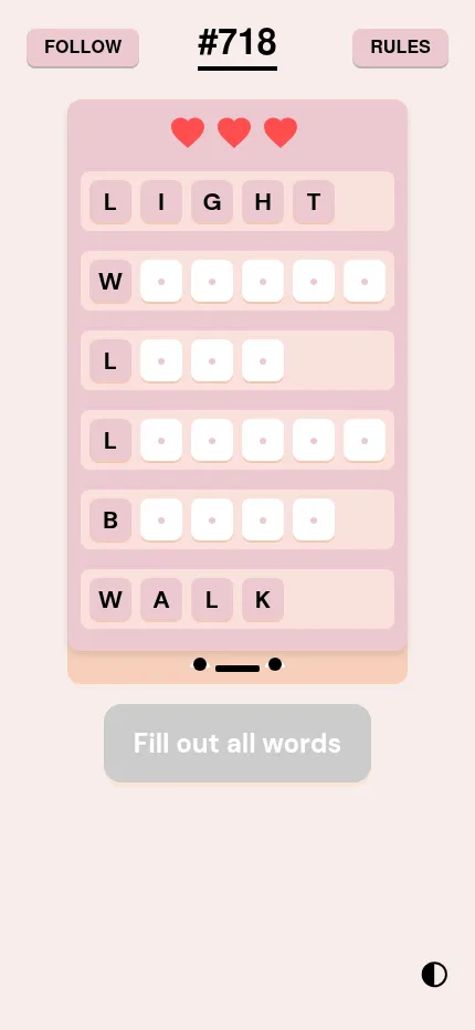 Couples puzzle 718 at phone size: the LIGHT to WALK chain with blank rows and the Fill out all words button